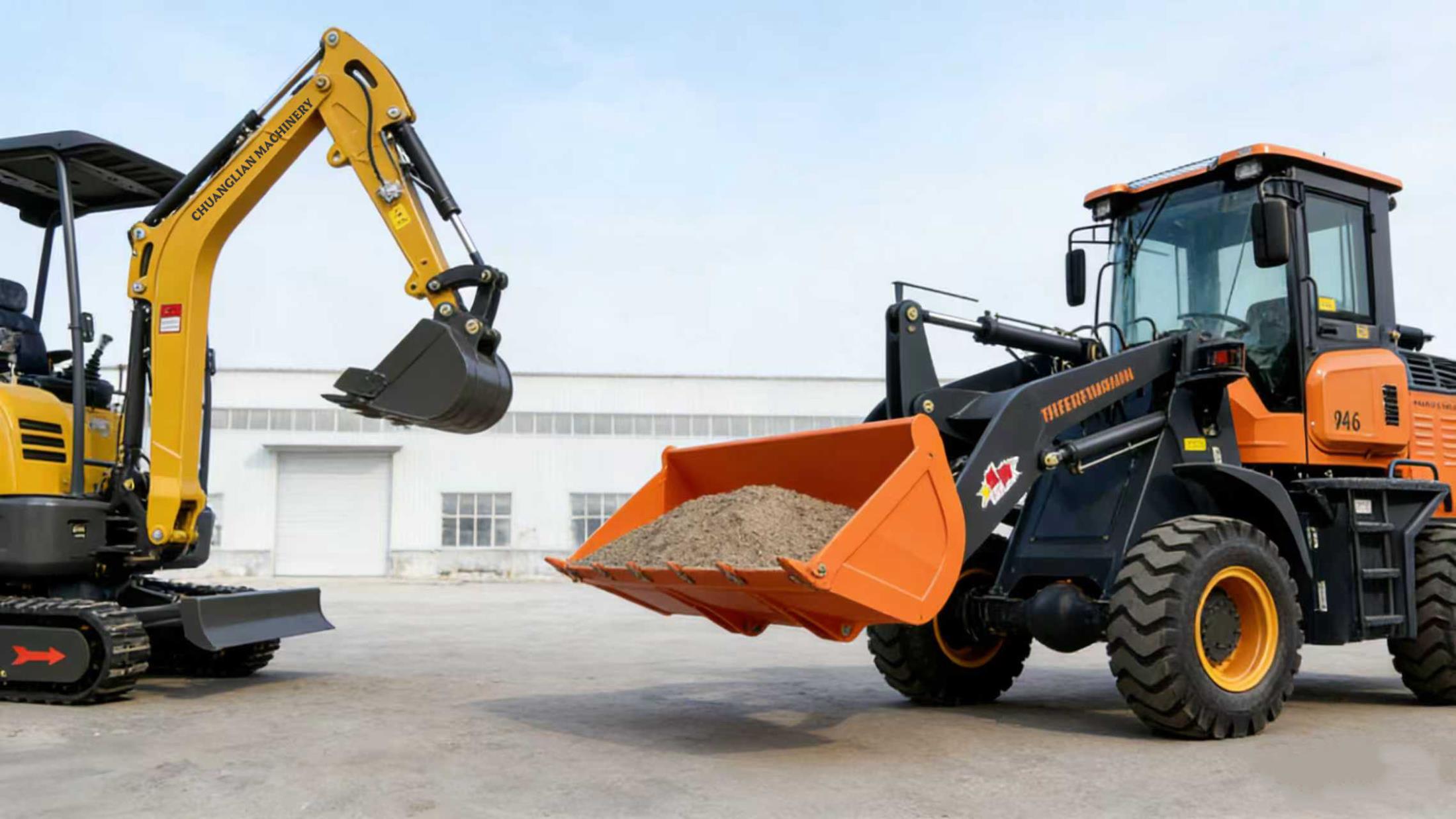 装载机和挖掘机作业方式对比